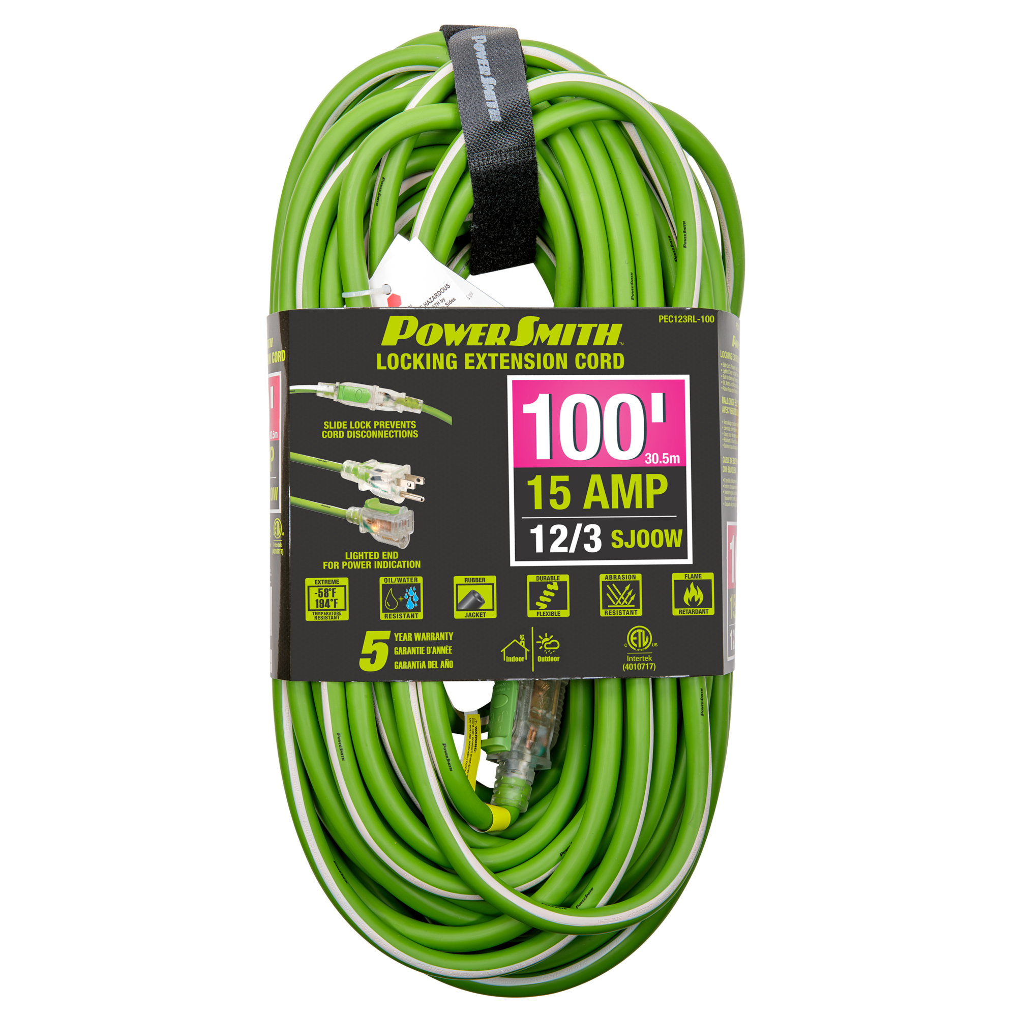 PowerSmith Heavy-Duty Extension Cord — 12/3, 100ft., SJOOW, Lighted End, Model# PEC123RL-100